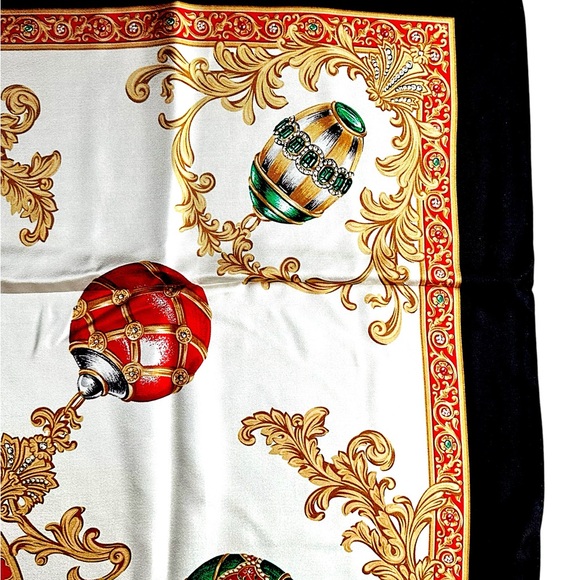 Echo Silk Scarf Black Gold Jewel Ornament Baroque Holiday Square 34” - Picture 8 of 11